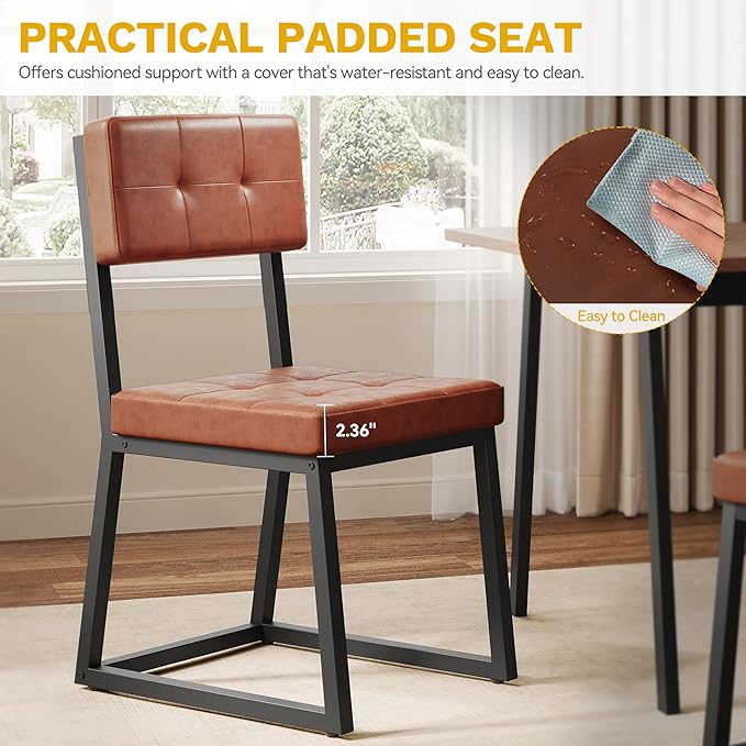 DWVO Modern Dining Chairs Set of 4 Brown Upholstered Kitchen Chairs with Faux Leather Cushion Seat and Heavy Duty Metal Leg for Kitchen Living Room Restaurant, Brown