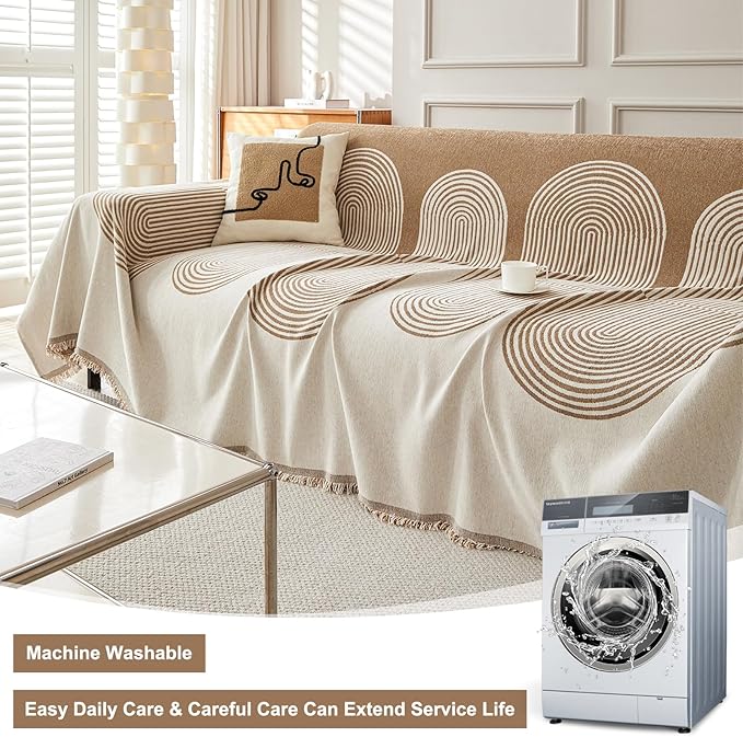 STACYPIK Modern Beige Geometric Couch Cover for Dog Boho Reversible Sofa Covers for 3 Cushion Couch Washable Furniture Protector Chenille Sofa Slipcover Loveseat Cover Multi-Use Throw Blanket-71X150IN