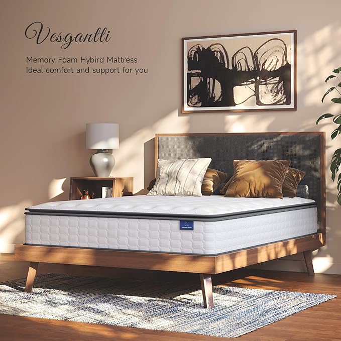Vesgantti Full Size Mattress, 10 Inch Hybrid Full Mattress in a Box, Pillow Top Double Bed Mattresses, Foam and Pocket Coils Innerspring Mattresses, Pressure Relief, Medium Firm Plush Feel