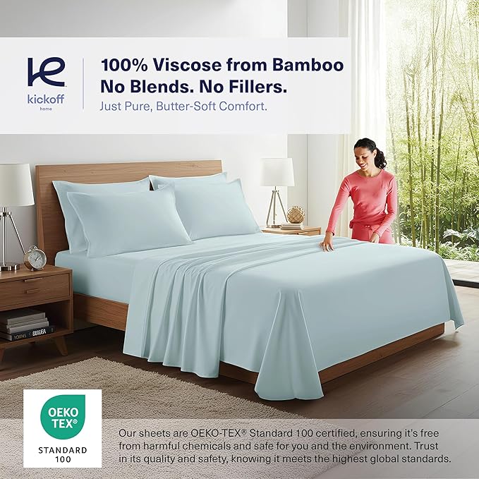 Kickoff Viscose Bamboo Sheets California King Size 4-pc 100% Organic Bamboo Viscose Bed Cooling Sheets Cal King Set Cool Bedding for hot Sleepers Sheet, Flat, Fitted, Pillowcases (Coastal Blue, CK)