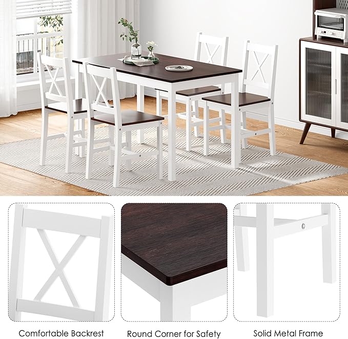 Sogesfurniture Dining Table Set for 4, 42.5" Pine Wood & Walnut Vintage Style, 5 Pieces, Space Saving, Easy Assembly