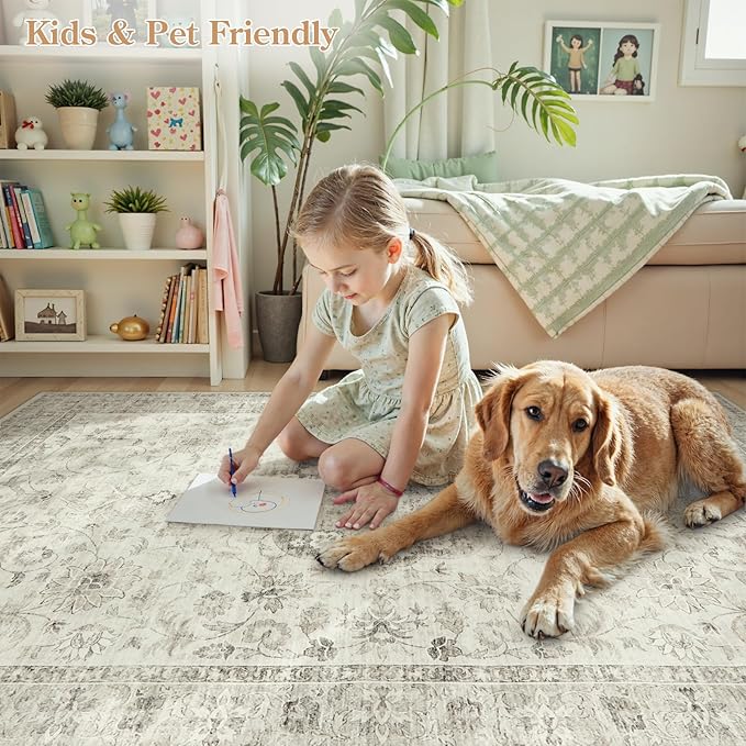 LIVEBOX Washable Area Rug 5x7 Rugs for Living Room Bedroom, Non-Slip Boho Indoor Carpet for Dining Room Office, Low-Pile Farmhouse Soft Carpets for Kids Nursery Room Playroom, Taupe