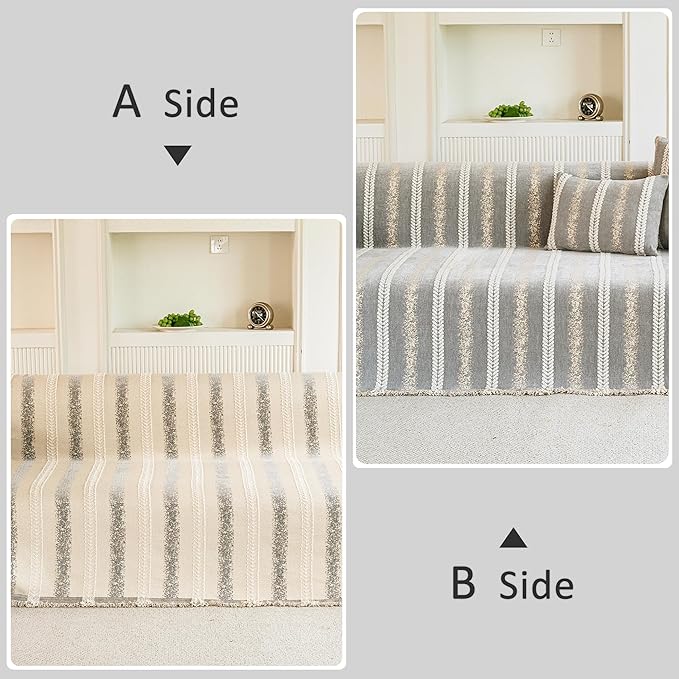 Couch Cover for Dogs Washable Sofa Cover, Sectional Couch Covers, Sofa Covers for 2 Cushion Couch, Non Slip Stripe Sofa Slipcovers Furniture Protector, Couch Protector from Cat Claws, Light,71''x150''