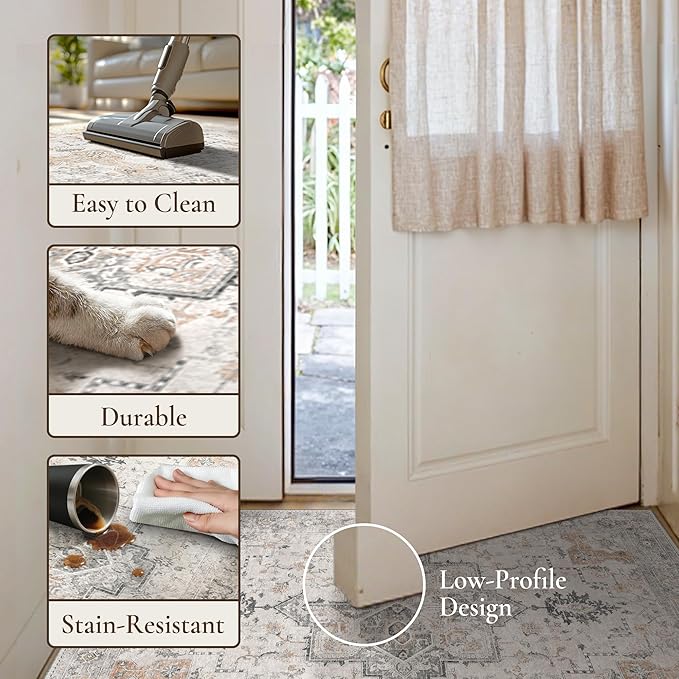 GENIMO 5x8 Area Rugs for Living Room, Machine Washable Low Pile Rugs, Chenille Non Alip Vintage Rug for Bedroom, Dining Room, Home Office, Light Taupe Brown