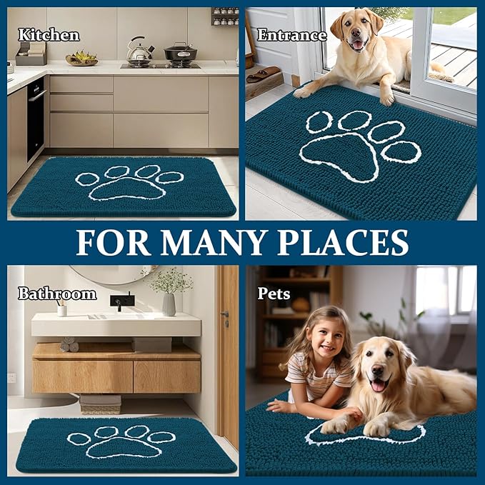 OLANLY Door Mat for Muddy Dog Paws 48x30, Absorbent Chenille Mud Doormat with Paw Print Design, Non-Slip Washable Doormat for Indoor Entryway, Quick-Dry Pet Bed Mats for Dirty Dogs, Atlantic Blue