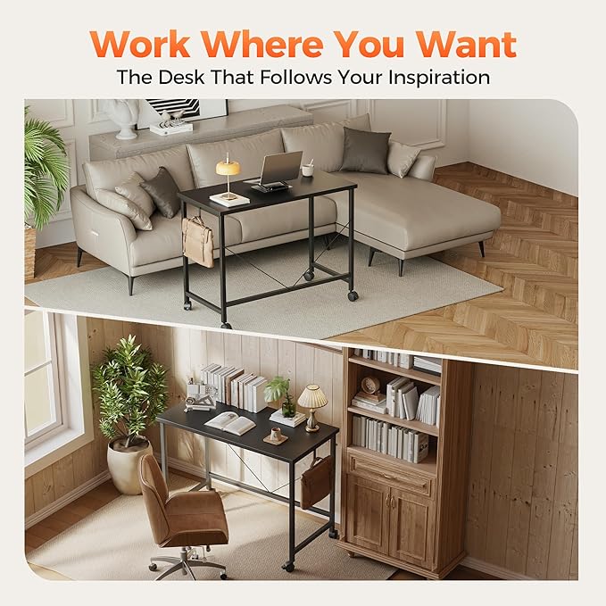 Rolling Computer Desk with Wheels, Gaming Desk for Small Spaces, Modern Simple Style Table for Home Office, Study Writing Table (Caster, Black, 24 inch)