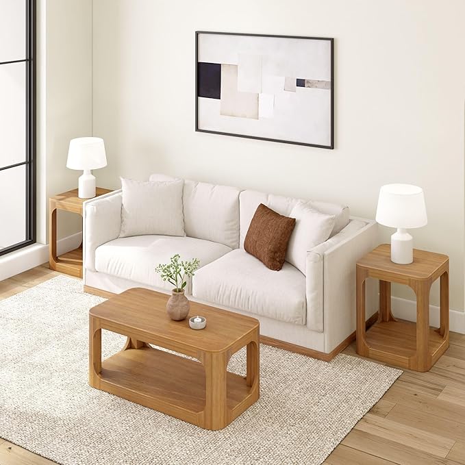 Plank+Beam Small Forma Coffee Table, Solid Wood 40 Inch Modern Coffee Table with Shelf, Contemporary Center Table with Storage Space, Rectangle Tea Table with Storage, Pecan