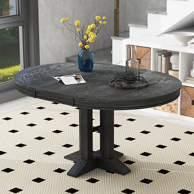 FULife Country Rustic Design Round Table with 14" Removable Leaf, Extendable Circular to Oval Solid Wood Tabletop with X-Shaped Trestle Legs, Space-Saving Kitchen-Tables for Dining/Living Room