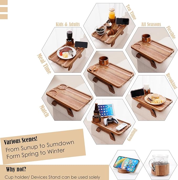 Nnewvante Couch Cup Holder Tray, 3 in 1 Large 15.36"x9.85" Acacia Wood Sofa Arm Clip on Tray Table with 360°Rotated Phone Holder on Armrest