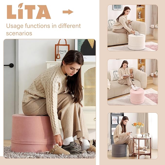 LITA Round Stuffed Pouf Ottoman, Velvet Poufs with High-Density Foam Filling and Washable Cover, Furry and Fluffy Bean Bag Foot Stools Ottoman for Living Room, Bedroom, Office, Pink