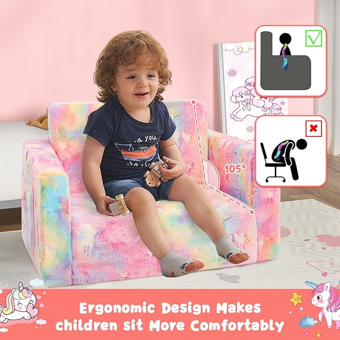 Toddler Chair Comfy,2-in-1 Soft Toddler Couch Fold Out for Kids,Convertible Sofa to Lounger,Gift for Girls and Boys Birthday,Unicorn,Medium