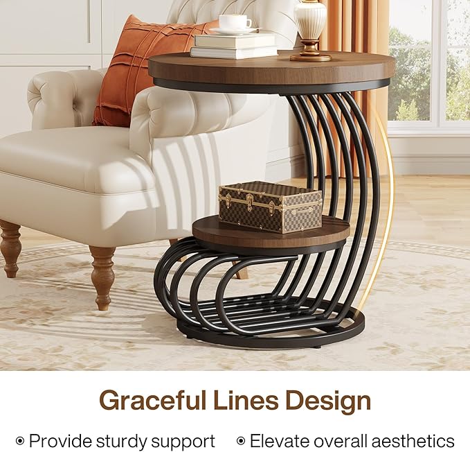 Tribesigns Round End Side Table: 2 Tiers Side Table Set of 2, Vintage End Table for Living Room, Small Bedside Table Accent Table with Arc-Shaped Frame, Light Brown