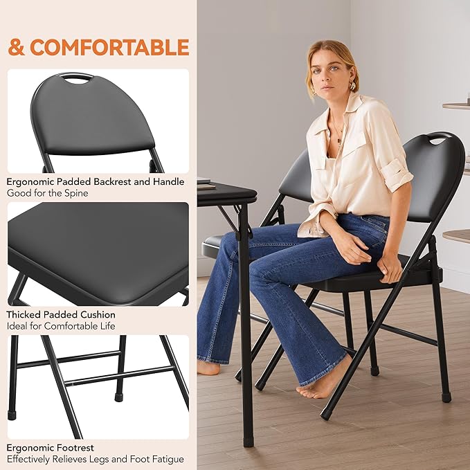 GarveeHome 4 Pack Folding Chairs with PU Leather Padded Cushion and Back, Metal Foldable Chair for Indoor Outdoor, Commercial Stackable Guest Chairs for Camping, Dining Room, Office, Party, Black