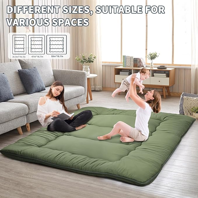 Japanese Floor Mattress,4" Thicken Japanese Floor Sleeping Pad Foldable,Futon Mattress Suitable for Camping and Guest Room (Green, Queen (80" X 60"))