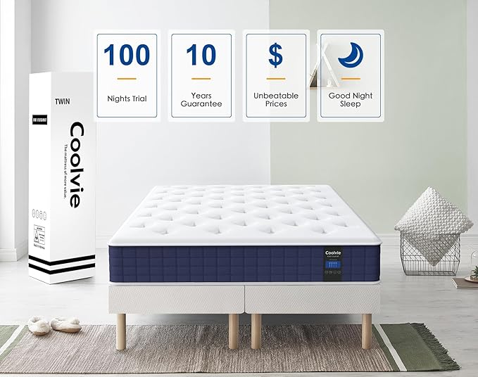 Coolvie Twin Mattress, 10 Inch Twin Size Hybrid Mattress, Individual Pocket Springs with Memory Foam, Bed in a Box, Cooler Sleep with Pressure Relief and Support