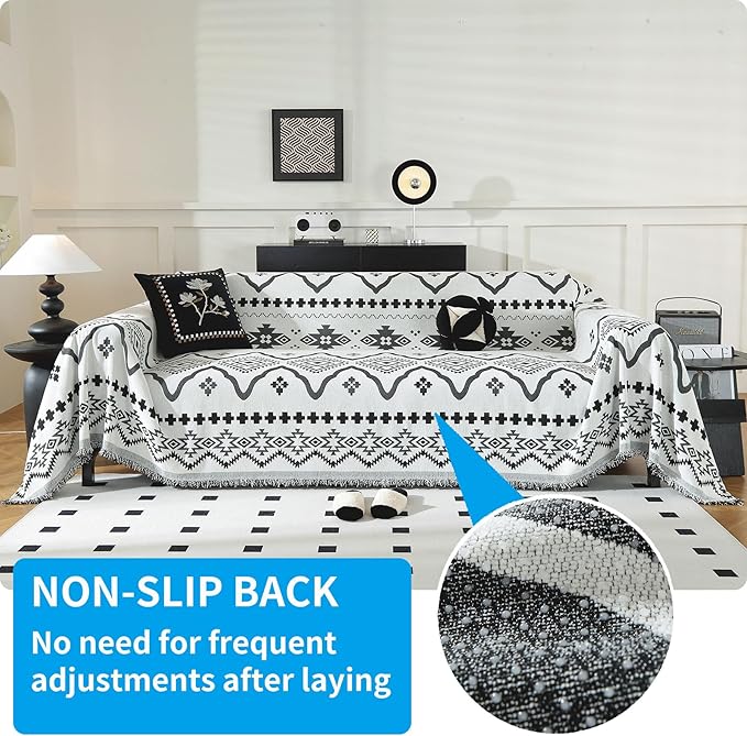 LUFEIJIASHI Boho Couch Covers for Sofa Non Slip Sofa Covers Washable Couch Covers for 3 Cushion Couch Sofa Pet Friendly Sectional Couch Cover Blanket Furniture Protector for Dogs (Black, 91"x150")