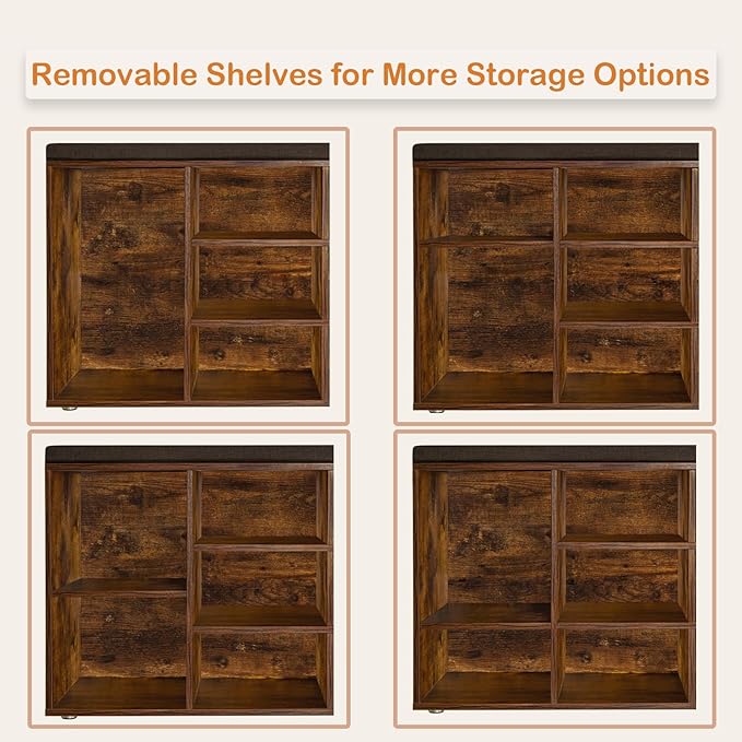 DINZI LVJ Shoe Bench, Entryway Storage Bench with Drawer and 11 Cubbies, Cubby Shoe Rack with Adjustable Shelves, Shoe Organizer Cabinet for Living Room, Mudroom, Closet and Garage, Rustic Brown