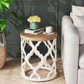 Farmhouse End Table, 18.5'' French Country Round Side Table, Wood Top Side Table with Curved Motif Frame Base for Boho, End Tables Living Room, Bedroom, Small Space, Easy Assembly