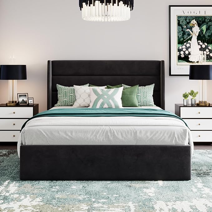 SHA CERLIN Full Size Lift Up Storage Bed/Velvet Upholstered/Modern Wingback Headboard/Upholstered Platform Bed Frame/Hydraulic Storage/No Box Spring Needed/Black