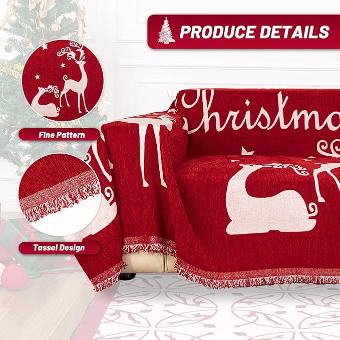 MYSKY HOME Christmas Couch Cover for Dogs, Washable Couch Covers, Non Slip Sofa Slipcover, Couch Cover 2 Cushion Sofa Dogs Furniture Protector, Chenille Sofa Covers for Pets, Kids, 71"x102", Red