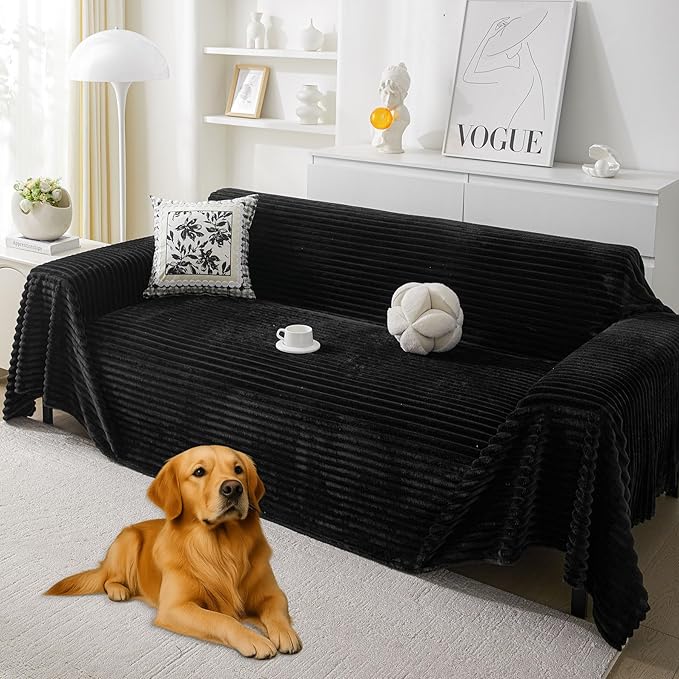 HAOMAIJIA Faux Fur Sofa Covers Couch Covers for 3 Cushion Couch Sofa Pet Friendly Soft Non Slip Couch Cover for Dogs Washable Sectional Couch Covers L Shape Furniture Protector (Black, 91"x134")