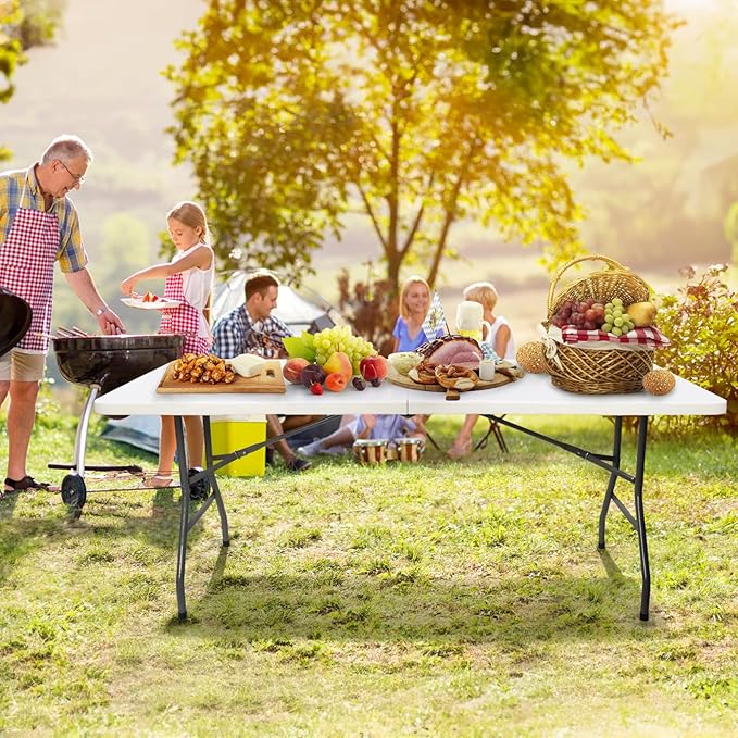 Goaste 6 Foot Folding Table, Portable Plastic Dining Table, Fold-in-Half Heavy Duty Table Indoor Outdoor for Camping, Picnic, Party, BBQ, Wedding, White