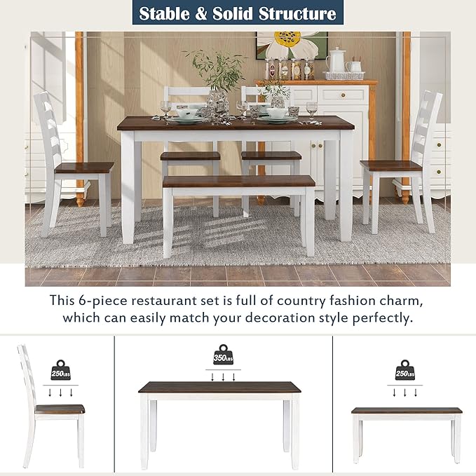 6 Pieces Dining Table Set with 1 Bench & 4 Ergonomic Designed Chairs,Wooden Living Room Furniture W/ 60" Rectangle Kitchen Desk,for Restaurant,Home Bistro,Walnut+Cottage White