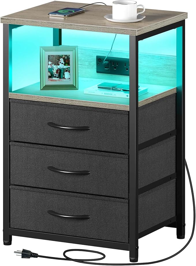 Seventable Nightstand with Charging Station and LED Light, Set of 2 Side Table with 3 Fabric Drawers, Bedside End Table with USB Ports and Outlets, Night Stand for Bedroom, Greige