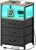 Seventable Nightstand with Charging Station and LED Light, Set of 2 Side Table with 3 Fabric Drawers, Bedside End Table with USB Ports and Outlets, Night Stand for Bedroom, Greige