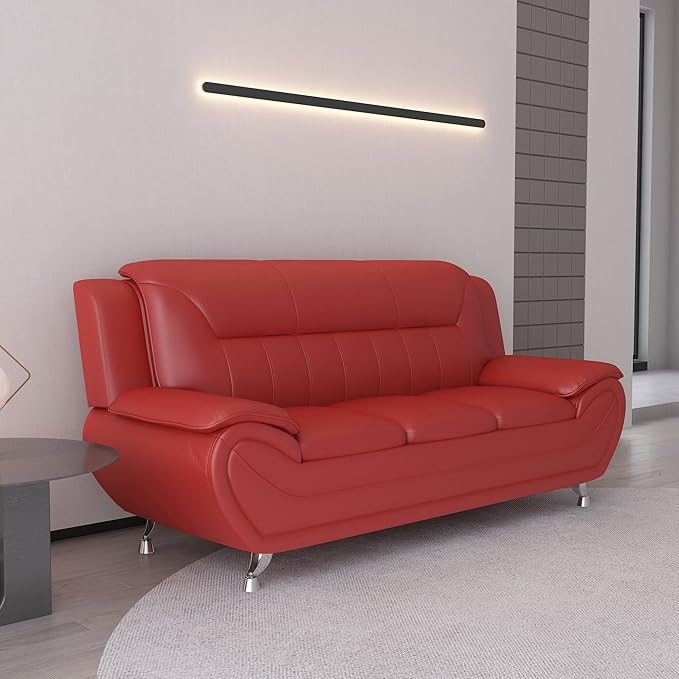 Container Furniture Direct Michael Modern Faux Leather Upholstered Stainless Steel Legs Living Room Sofa, Chair, Red