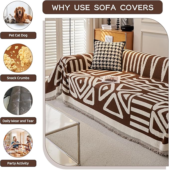 STACYPIK Boho Sofa Cover for Pet, Chocolate Geometric Couch Cover for Sectional, Washable L Shape Cover, Dog Couch Protector for 3 Cushion Couch, Non Slip Jacquard Sofa Silpcover with Tassles-71X150IN