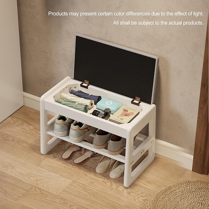 Small Shoe Bench with Cushion,2 Tiers Shoe Rack Bench with Flip-Top Storage,Wood Shoe Rack for Entryway（White,23.62"）