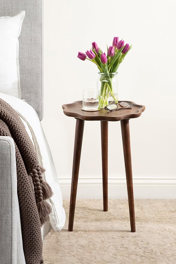 Kate and Laurel Alezar Modern Wooden Round Side Table, 15 x 15 x 22, Walnut Brown, Mid-Century Solid Wood End Table with Wavy Edge for Bedroom Nightstand or Living Room Accent Table
