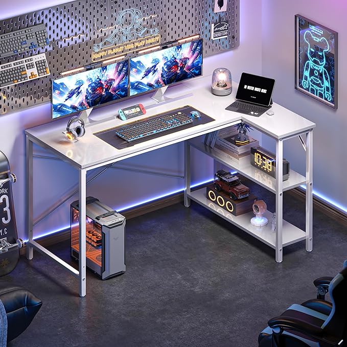 Huuger L-Shaped Desk - 47" Reversible Storage Corner Gaming Desk, Metal Frame, White