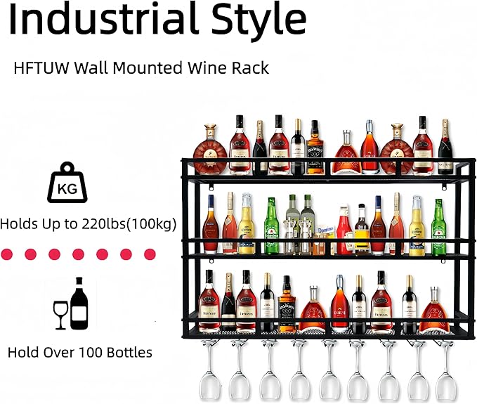 Metal Wine Rack Wall Mounted, Bar Shelves for Liquor Bottles with LED Light, 3 Tier Large Capacity Liquor Rack Wall Mounted with Glass Holder for Home Bar & Dining Room （Gold, 71in/180cm）