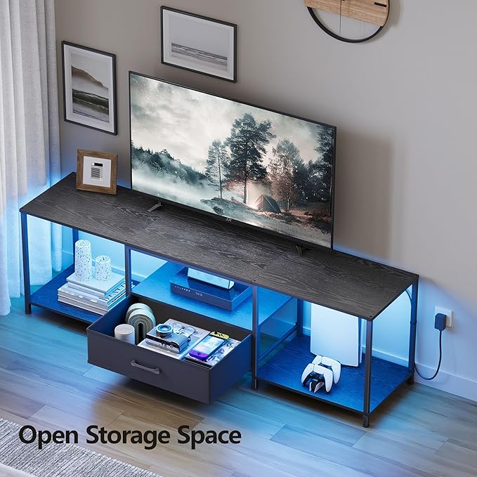 TV Stand with LED Lights, Entertainment Center with Open Shelves and Fabric Drawer, Media Console for 75 Inch TV, Television Stands for Living Room, Bedroom, Black