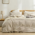 BESTOUCH Duvet Cover Set 100% Washed Cotton Linen Feel Super Soft Comfortable Chic Lightweight 3 PCs Home Bedding Set Solid Almond Milk Grey Queen