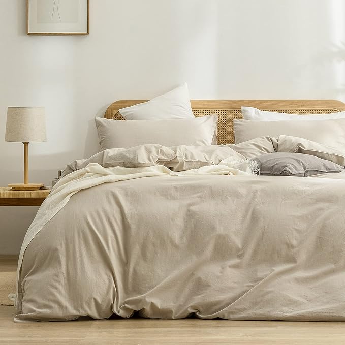 BESTOUCH Duvet Cover Set 100% Washed Cotton Linen Feel Super Soft Comfortable Chic Lightweight 3 PCs Home Bedding Set Solid Almond Milk Grey Oversized Queen