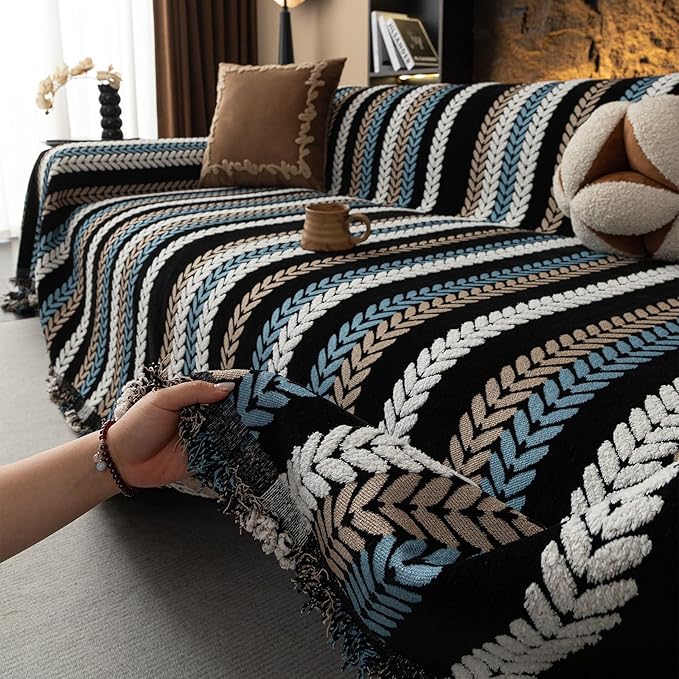 STACYPIK Boho Chenille Sofa Cover, Soft Jacquard Leaves Couch Cover, Non-Slip Loveseat Cover for Sectional Sofa, Washable Pet Protector for 3 Cushion Couch,Multi-use Vintage Throw Slipcover-71x134IN