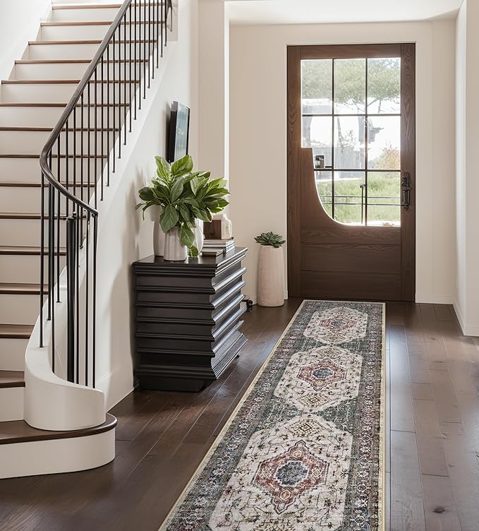 Lahome Oriental Hallway Runner Rug, 2.5x8 Kitchen Runner Non Slip Ultra-Thin, Soft Washable Hallway Rug Non Shedding Long Carpet for Entryway ‎Laundry Room Bathroom, Brown/Grey