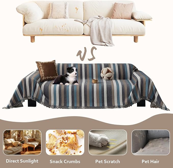 STACYPIK Boho Jacquard Leaves Sofa Cover, Blue Geometric Couch Cover for Dog, Washable Furniture Protector for 3 Cushion Couch, Non Slip Sectional Cover for Loveseat, L Shape Sofa Slipcovers-71X134IN