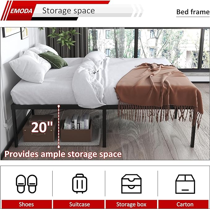 EMODA 20 Inch King Bed Frame No Box Spring Needed, Heavy Duty Tall Metal Platform with Large Storage Space, Noise Free, Easy Assembly, Black
