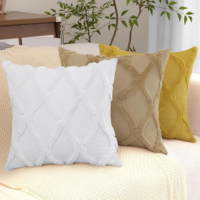 decorUhome Throw Pillow Covers 24x24 Inch Set of 2, Soft Plush Faux Fur Wool Khaki Couch Pillow Covers, Decorative Neutral Pillow Cases for Bed Sofa Living Room Home Decor