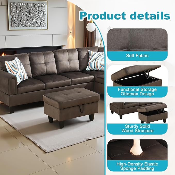 Couches for Living Room Modern L Shaped Couch Comfy Flannel Fabric 3 Pieces Sectional Sofa with Chaise, Ottoman with Storage for Office and Small Apartment, Dark Brown