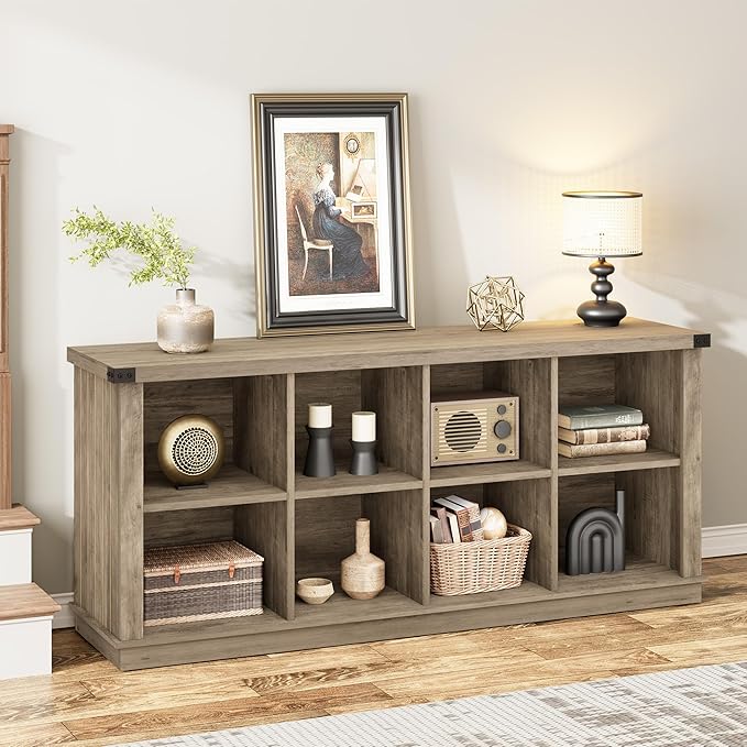 GarveeHome 8 Cube Storage Organizer Bookshelf, Farmhouse Horizontal Bookcase, 62 Inch Wood Storage Bookcase for Entryway, Long Low Bookshelves for Living Room (Grey, 8 Cube)