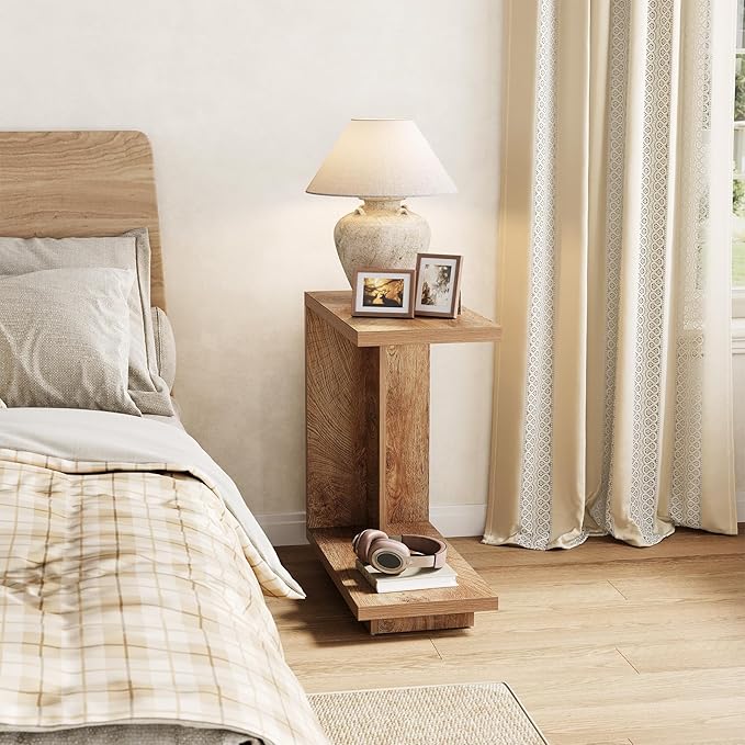 LITTLE TREE C-Shaped Side Table, Narrow 2-Tier End Table for Living Room, Couch, Bedroom, Bedside, Nightstand, Brown