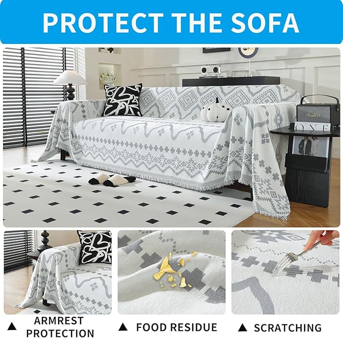 LUFEIJIASHI Boho Couch Covers for Sofa Non Slip Sofa Covers Washable Couch Covers for 3 Cushion Couch Sofa Pet Friendly Sectional Couch Cover Blanket Furniture Protector for Dogs (Grey, 91"x150")
