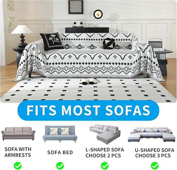 LUFEIJIASHI Boho Couch Covers for Sofa Non Slip Sofa Covers Washable Couch Covers for 3 Cushion Couch Sofa Pet Friendly Sectional Couch Cover Blanket Furniture Protector for Dogs (Black, 71"x118")