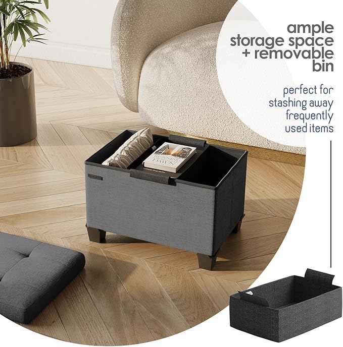 STORAGEBUD Storage Ottoman Cube with Small Bin, 16-in Square Ottoman with Storage for Living Room and Bedroom, Small Ottomans Foot Rest, Fabric Foot Stools Ottomans Max 330lbs, Grey