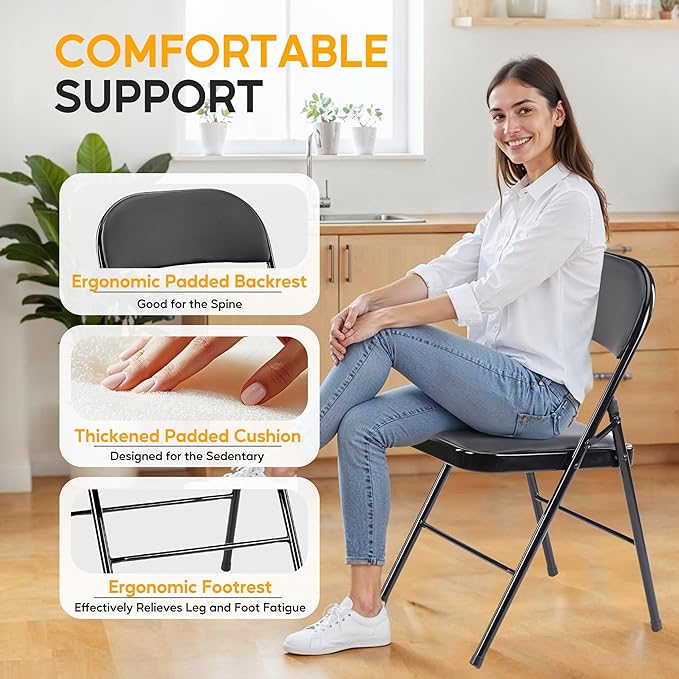 HealSmart 4 Pcs Folding Chairs with Leather Padded Cushion Seats, Back & Sturdy Metal Frame, Stackable, Portable, Commercial Event Seat, Indoor Outdoor for Parties, Home Event, Office, Black